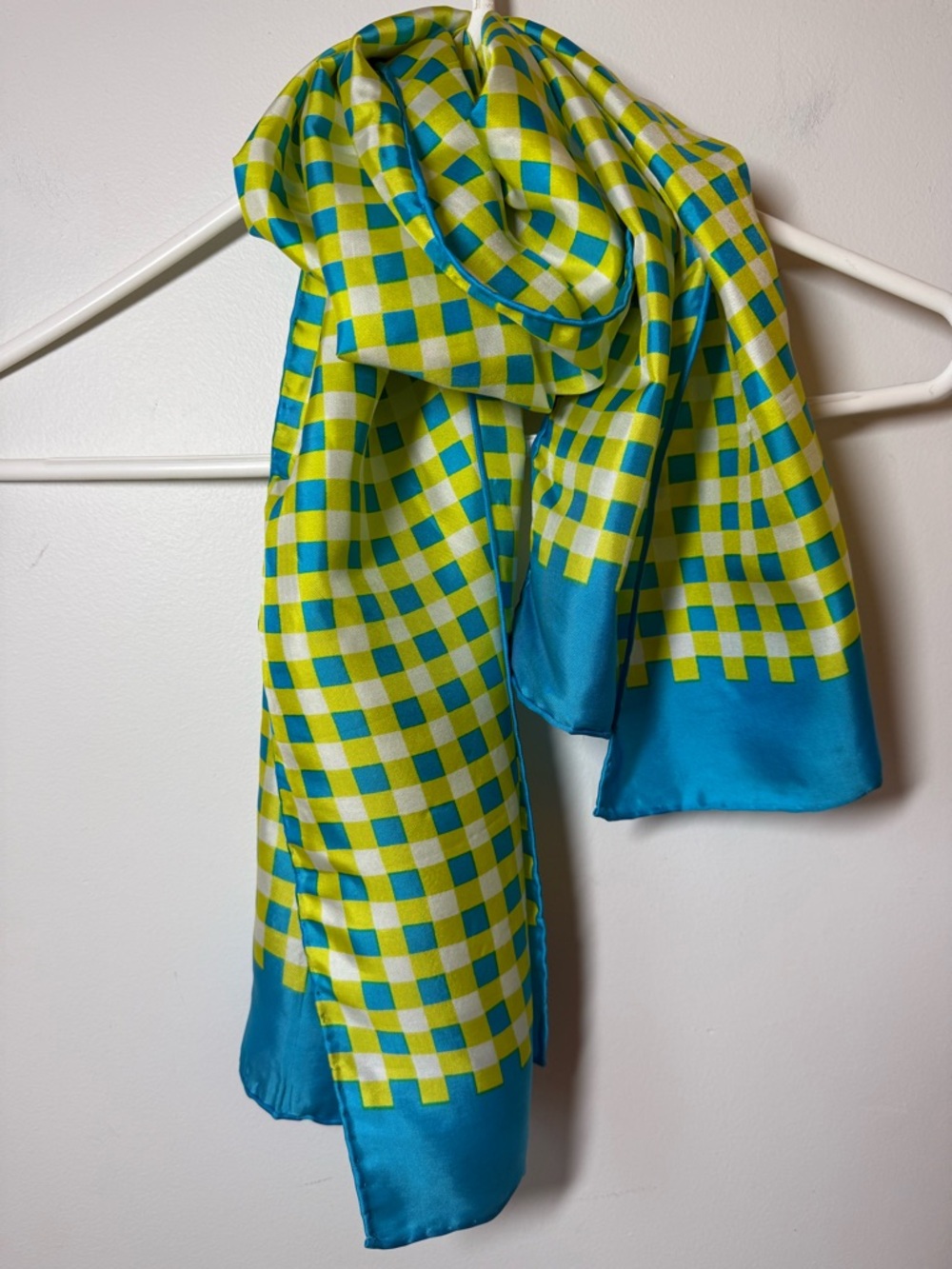 Echo Scarf in Yellow & Turquoise rolled edges. Rectangular shape.